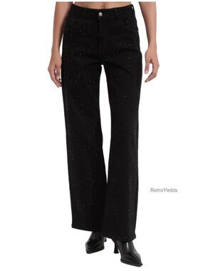 Rhinestone Wide Leg Jeans High Waisted Baggy Stretch Denim Y2K Pants